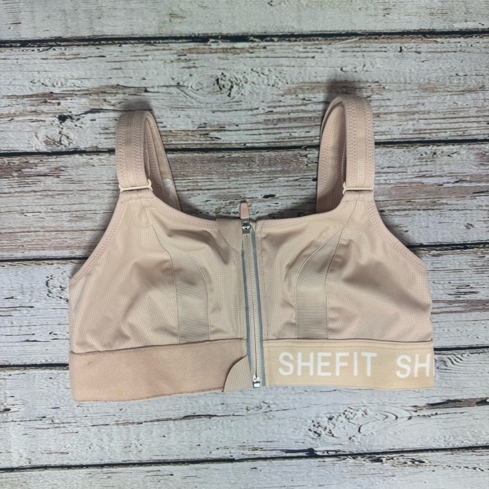 SHEFIT Flex Sports Bra Medium Adjustable High Impact Front Zip Nude Beige